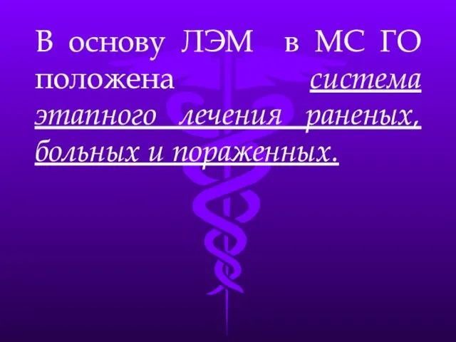 В основу ЛЭМ в МС ГО положена система этапного лечения раненых, больных и пораженных.