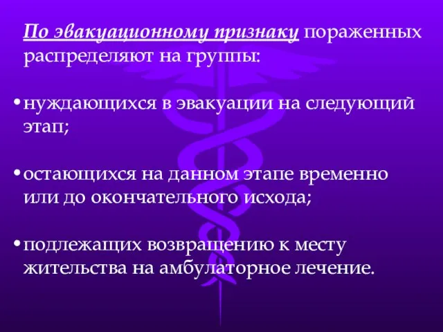 По эвакуационному признаку пораженных распределяют на группы: нуждающихся в эвакуации на