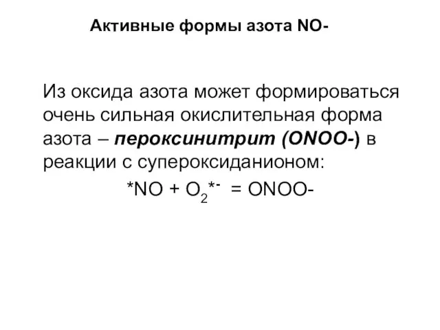 Активные формы азота NO- Из оксида азота может формироваться очень сильная