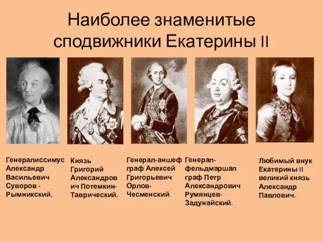 Наиболее знаменитые сподвижники Екатерины II Генералиссимус Александр Васильевич Суворов - Рымникский.