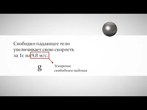 Свободно падающее тело увеличивает свою скорость за 1с на 9,8 м/с. g