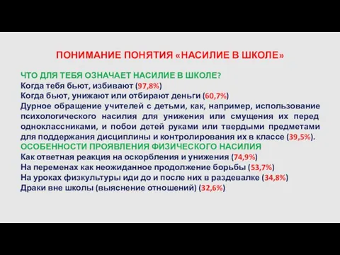 ПОНИМАНИЕ ПОНЯТИЯ «НАСИЛИЕ В ШКОЛЕ» ЧТО ДЛЯ ТЕБЯ ОЗНАЧАЕТ НАСИЛИЕ В