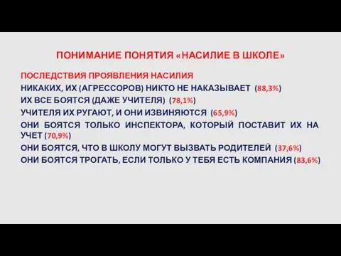 ПОНИМАНИЕ ПОНЯТИЯ «НАСИЛИЕ В ШКОЛЕ» ПОСЛЕДСТВИЯ ПРОЯВЛЕНИЯ НАСИЛИЯ НИКАКИХ, ИХ (АГРЕССОРОВ)