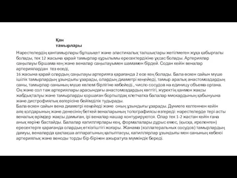 Қан тамырлары Нәрестелердің қантамырлары бұлшықет және эластикалық талшықтары жетілмеген жұқа қабырғалы