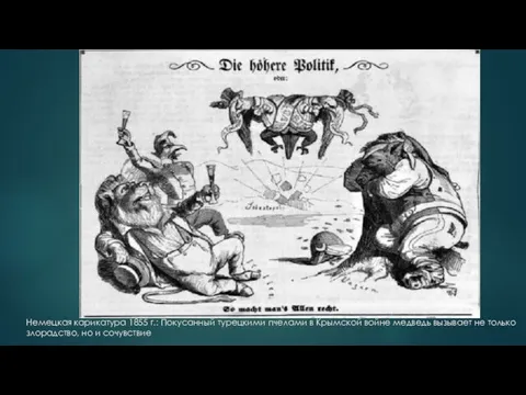 Немецкая карикатура 1855 г.: Покусанный турецкими пчелами в Крымской войне медведь