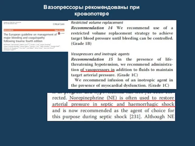 Вазопрессоры рекомендованы при кровопотере