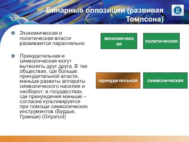 Бинарные оппозиции (развивая Томпсона) Экономическая и политическая власти развиваются параллельно Принудительная