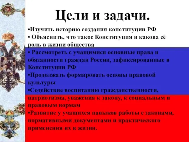 Цели и задачи. •Изучить историю создания конституции РФ • Объяснить, что