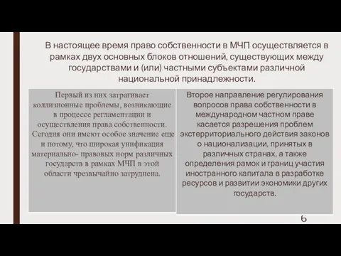 В настоящее время право собственности в МЧП осуществляется в рамках двух