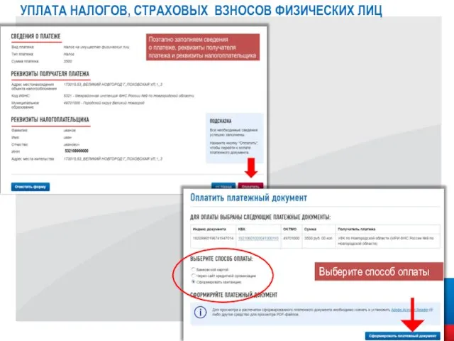 Выберите способ оплаты УПЛАТА НАЛОГОВ, СТРАХОВЫХ ВЗНОСОВ ФИЗИЧЕСКИХ ЛИЦ