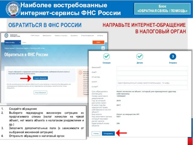 Наиболее востребованные интернет-сервисы ФНС России Блок «ОБРАТНАЯ СВЯЗЬ / ПОМОЩЬ» ОБРАТИТЬСЯ