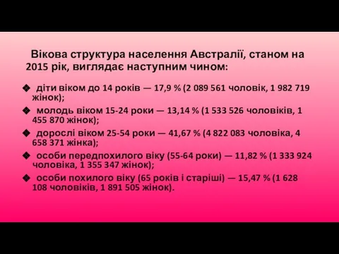 Вікова структура населення Австралії, станом на 2015 рік, виглядає наступним чином: