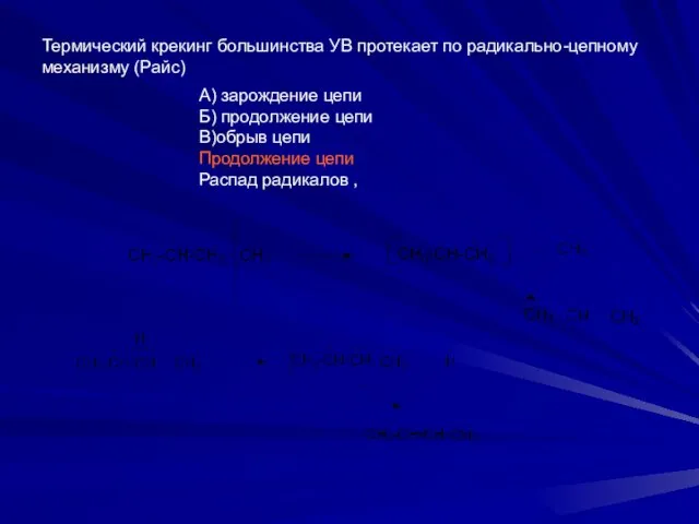 Термический крекинг большинства УВ протекает по радикально-цепному механизму (Райс) А) зарождение