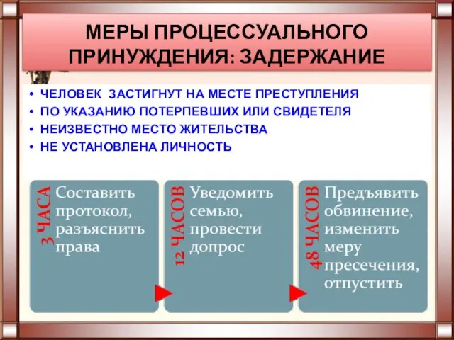 МЕРЫ ПРОЦЕССУАЛЬНОГО ПРИНУЖДЕНИЯ: ЗАДЕРЖАНИЕ ЧЕЛОВЕК ЗАСТИГНУТ НА МЕСТЕ ПРЕСТУПЛЕНИЯ ПО УКАЗАНИЮ