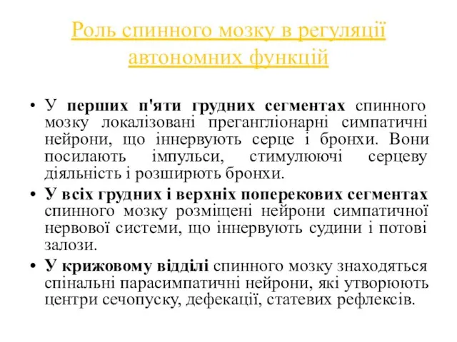 Роль спинного мозку в регуляції автономних функцій У перших п'яти грудних