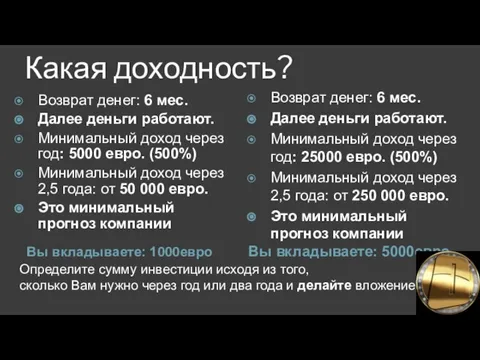 Какая доходность? Вы вкладываете: 1000евро Вы вкладываете: 5000евро Возврат денег: 6