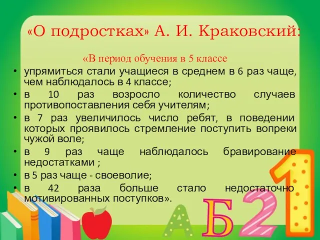 «О подростках» А. И. Краковский: «В период обучения в 5 классе