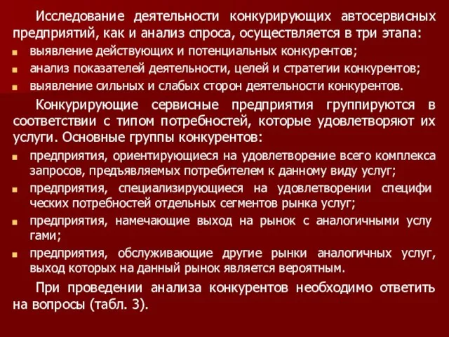 Исследование деятельности конкурирующих автосервисных пред­приятий, как и анализ спроса, осуществляется в