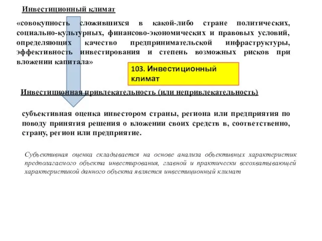 Инвестиционный климат Инвестиционная привлекательность (или непривлекательность) «совокупность сложившихся в какой-либо стране