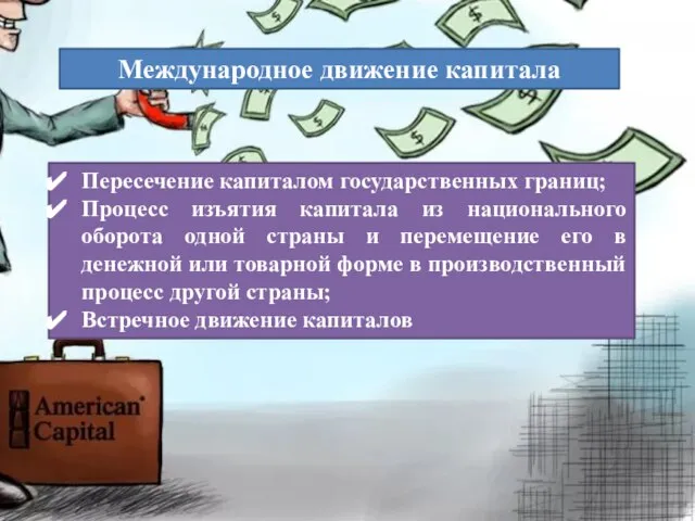 Международное движение капитала Пересечение капиталом государственных границ; Процесс изъятия капитала из