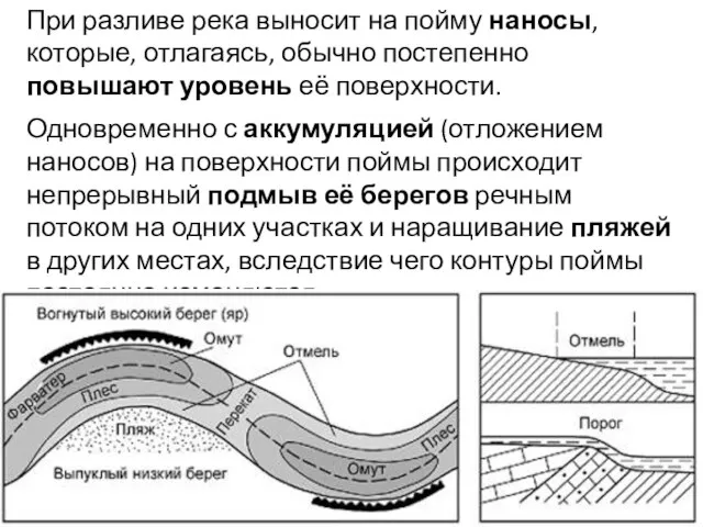 При разливе река выносит на пойму наносы, которые, отлагаясь, обычно постепенно