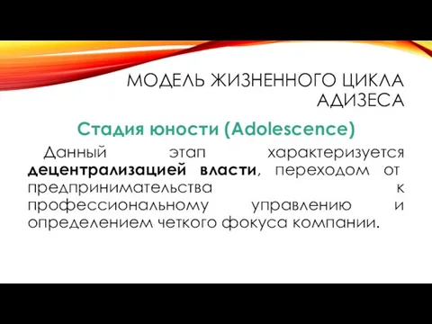 МОДЕЛЬ ЖИЗНЕННОГО ЦИКЛА АДИЗЕСА Стадия юности (Adolescence) Данный этап характеризуется децентрализацией