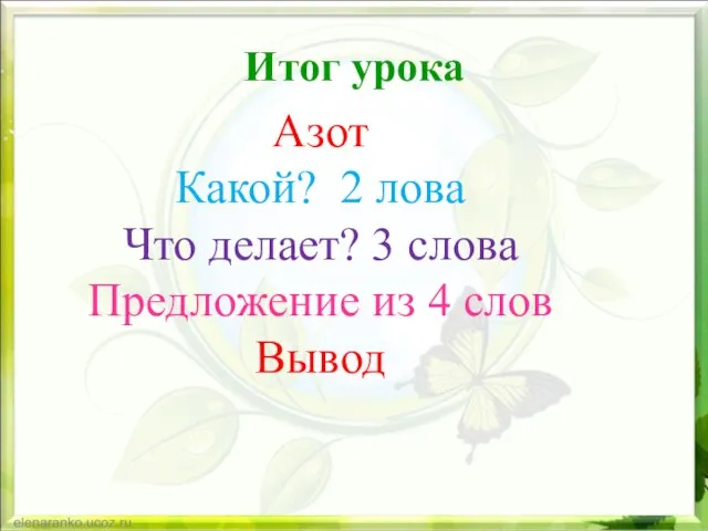 Итог урока Азот Какой? 2 лова Что делает? 3 слова Предложение из 4 слов Вывод