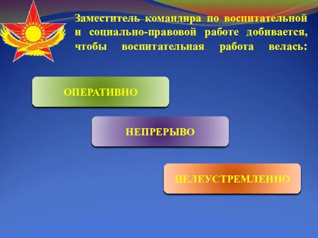 Заместитель командира по воспитательной и социально-правовой работе добивается, чтобы воспитательная работа велась: ОПЕРАТИВНО НЕПРЕРЫВО ЦЕЛЕУСТРЕМЛЕННО