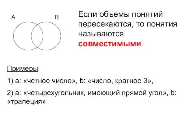 Если объемы понятий пересекаются, то понятия называются совместимыми Примеры: 1) а: