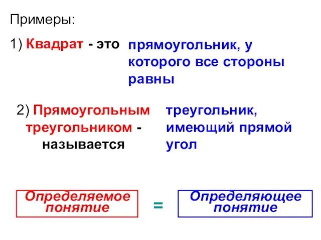 Примеры: 1) Квадрат - это прямоугольник, у которого все стороны равны