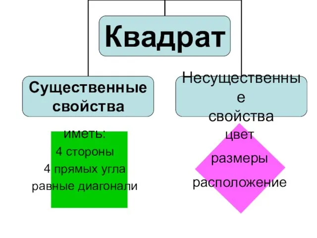 иметь: 4 стороны 4 прямых угла равные диагонали цвет размеры расположение