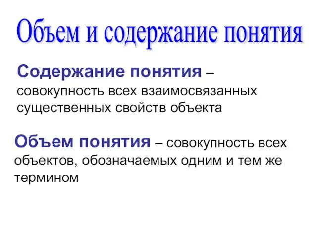 Объем и содержание понятия Содержание понятия – совокупность всех взаимосвязанных существенных