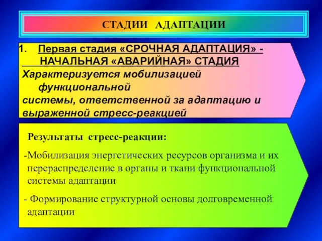 СТАДИИ АДАПТАЦИИ Первая стадия «СРОЧНАЯ АДАПТАЦИЯ» - НАЧАЛЬНАЯ «АВАРИЙНАЯ» СТАДИЯ Характеризуется