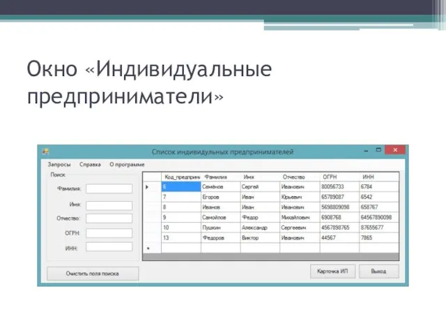 Окно «Индивидуальные предприниматели»
