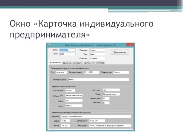 Окно «Карточка индивидуального предпринимателя»