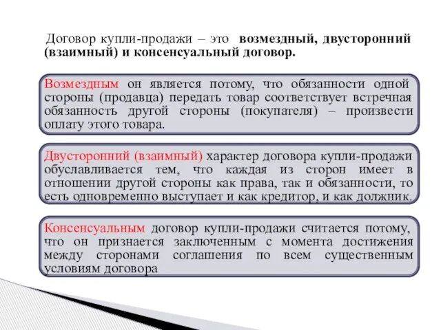 Договор купли-продажи – это возмездный, двусторонний (взаимный) и консенсуальный договор. Возмездным