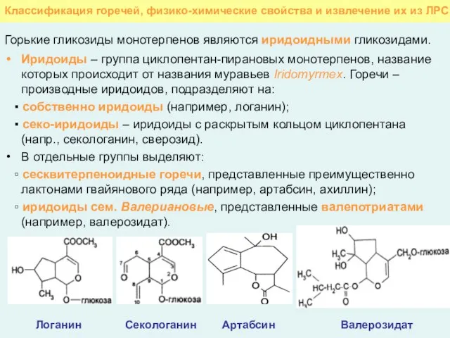 Классификация горечей, физико-химические свойства и извлечение их из ЛРС Горькие гликозиды