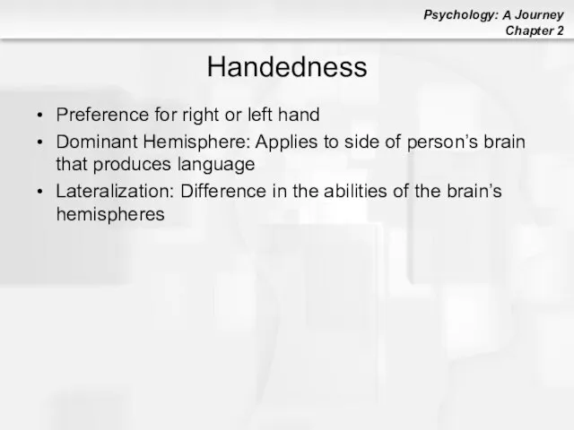 Handedness Preference for right or left hand Dominant Hemisphere: Applies to