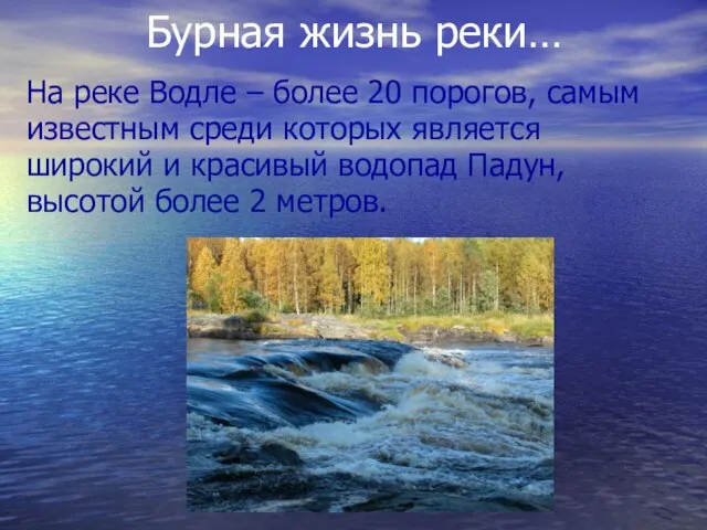 Бурная жизнь реки… На реке Водле – более 20 порогов, самым