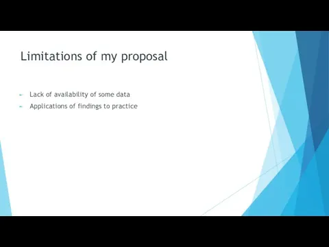 Limitations of my proposal Lack of availability of some data Applications of findings to practice