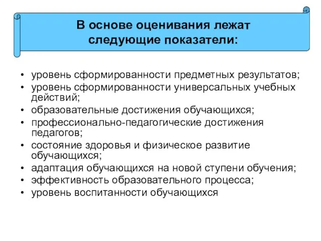 уровень сформированности предметных результатов; уровень сформированности универсальных учебных действий; образовательные достижения