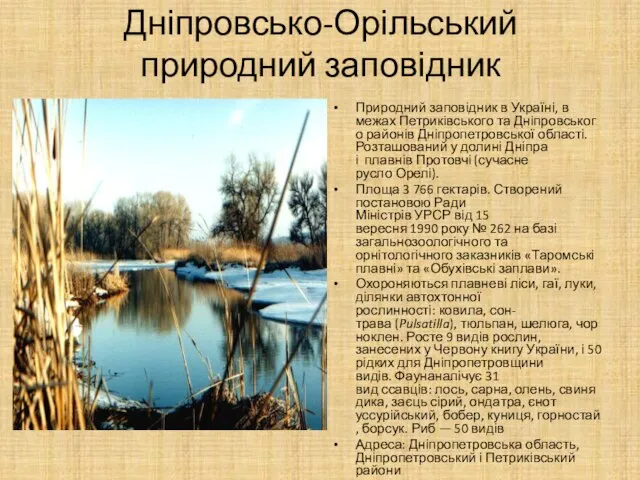 Дніпровсько-Орільський природний заповідник Природний заповідник в Україні, в межах Петриківського та