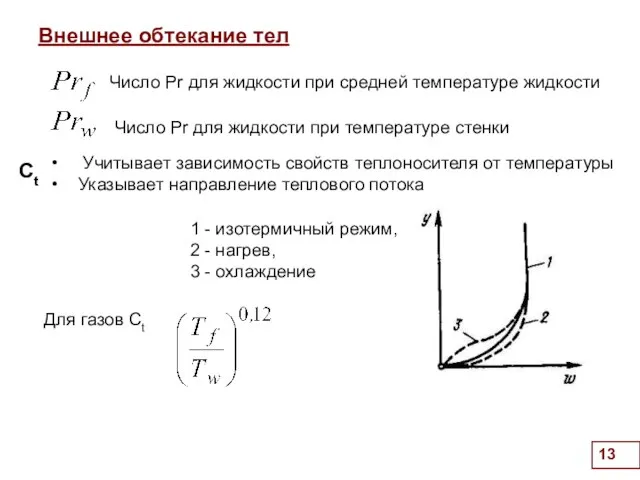 Сt . Внешнее обтекание тел Учитывает зависимость свойств теплоносителя от температуры