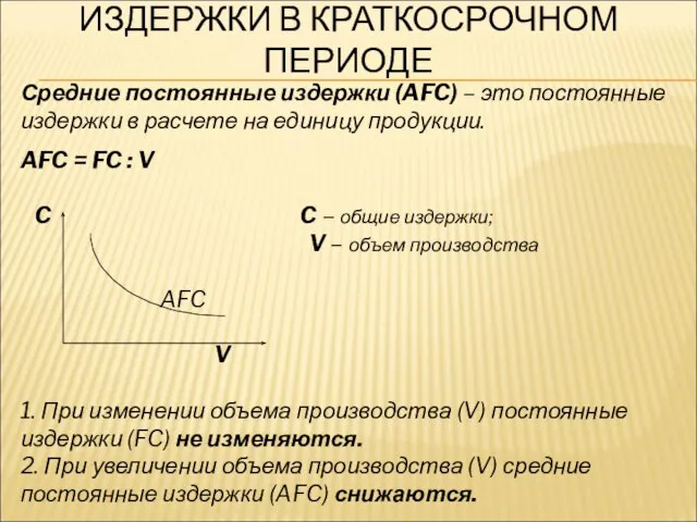 ИЗДЕРЖКИ В КРАТКОСРОЧНОМ ПЕРИОДЕ Средние постоянные издержки (AFC) – это постоянные