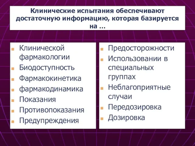 Клинические испытания обеспечивают достаточную информацию, которая базируется на … Клинической фармакологии