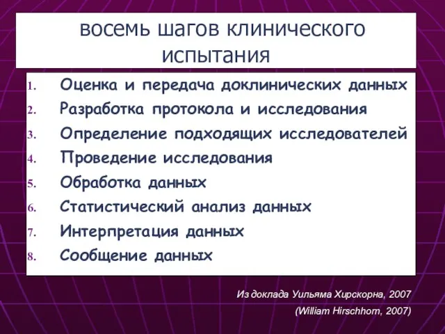 восемь шагов клинического испытания Оценка и передача доклинических данных Разработка протокола