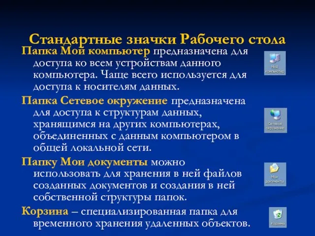 Стандартные значки Рабочего стола Папка Мой компьютер предназначена для доступа ко