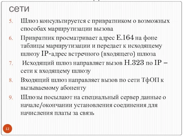 Установление соединения в IP сети Шлюз консультируется с привратником о возможных