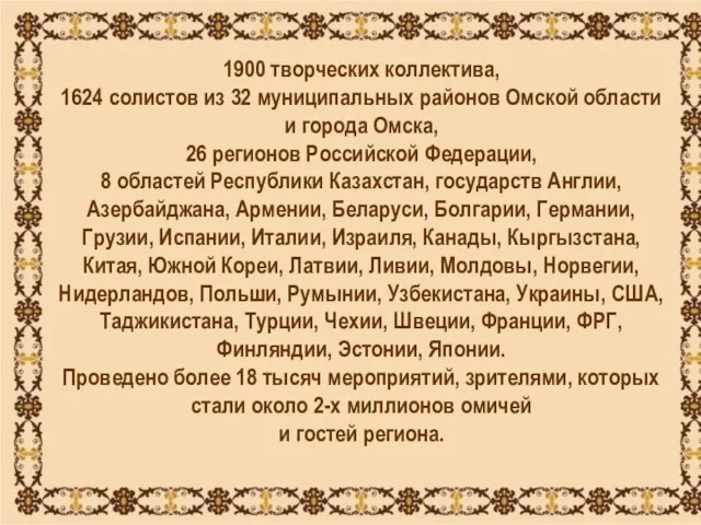 1900 творческих коллектива, 1624 солистов из 32 муниципальных районов Омской области