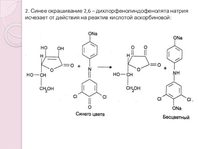 2. Синее окрашивание 2,6 – дихлорфенолиндофенолята натрия исчезает от действия на реактив кислотой аскорбиновой: